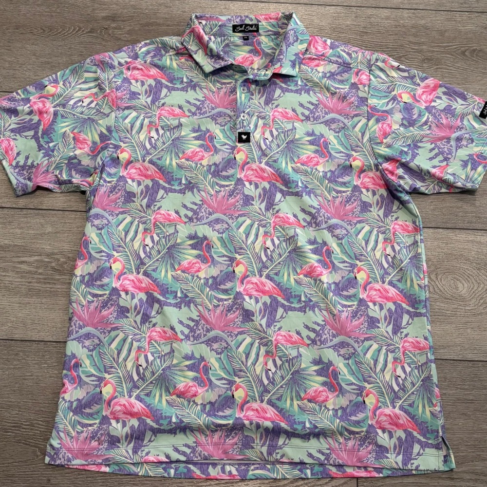 Bad Birdie Golf Polo Mens 2XL Flamingo Tropical Floral Pattern Preppy Casual - Picture 2 of 8